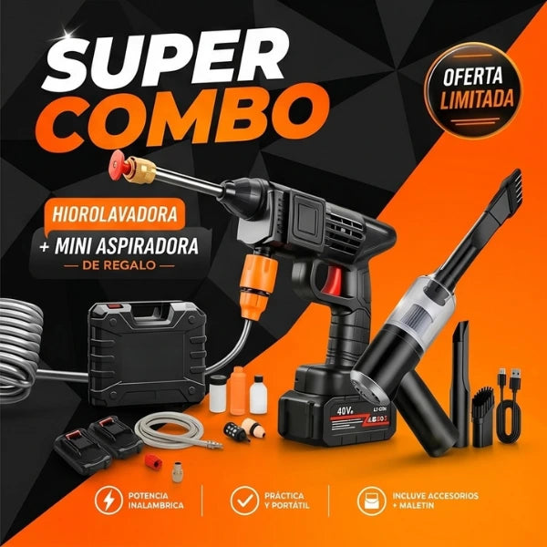 SUPER COMBO TURBOJET™ - Hidrolavadora Portátil + Aspiradora 3 en 1 + Doble Batería + Maletín