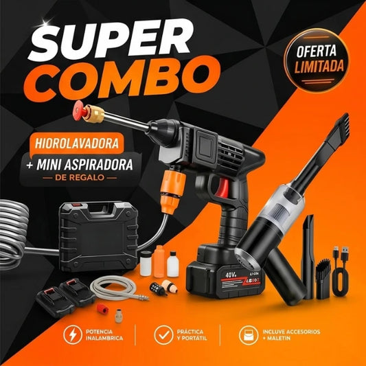 SUPER COMBO TURBOJET™ - Hidrolavadora Portátil + Aspiradora 3 en 1 + Doble Batería + Maletín