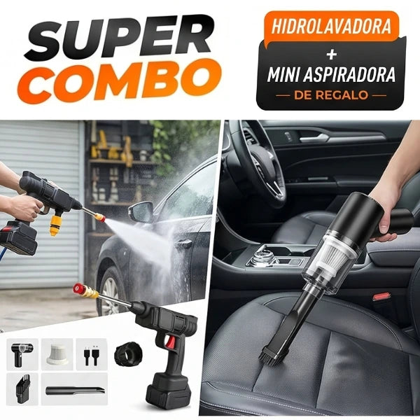 SUPER COMBO TURBOJET™ - Hidrolavadora Portátil + Aspiradora 3 en 1 + Doble Batería + Maletín