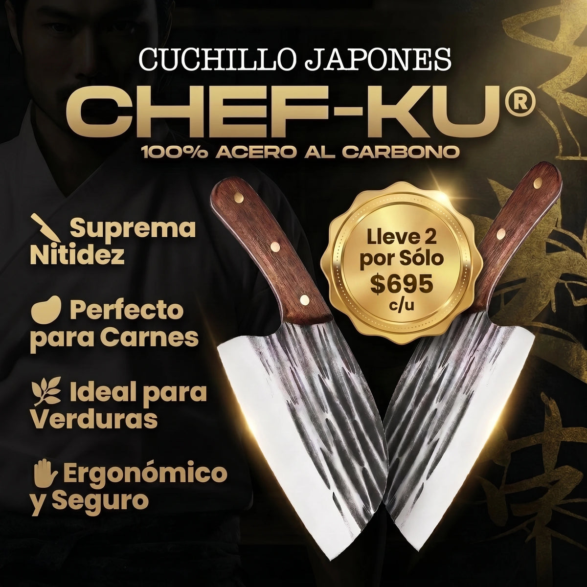 Cuchillo Japones Chef-Ku – Acero de Alta Precisión para Carne Asada y Parrilladas